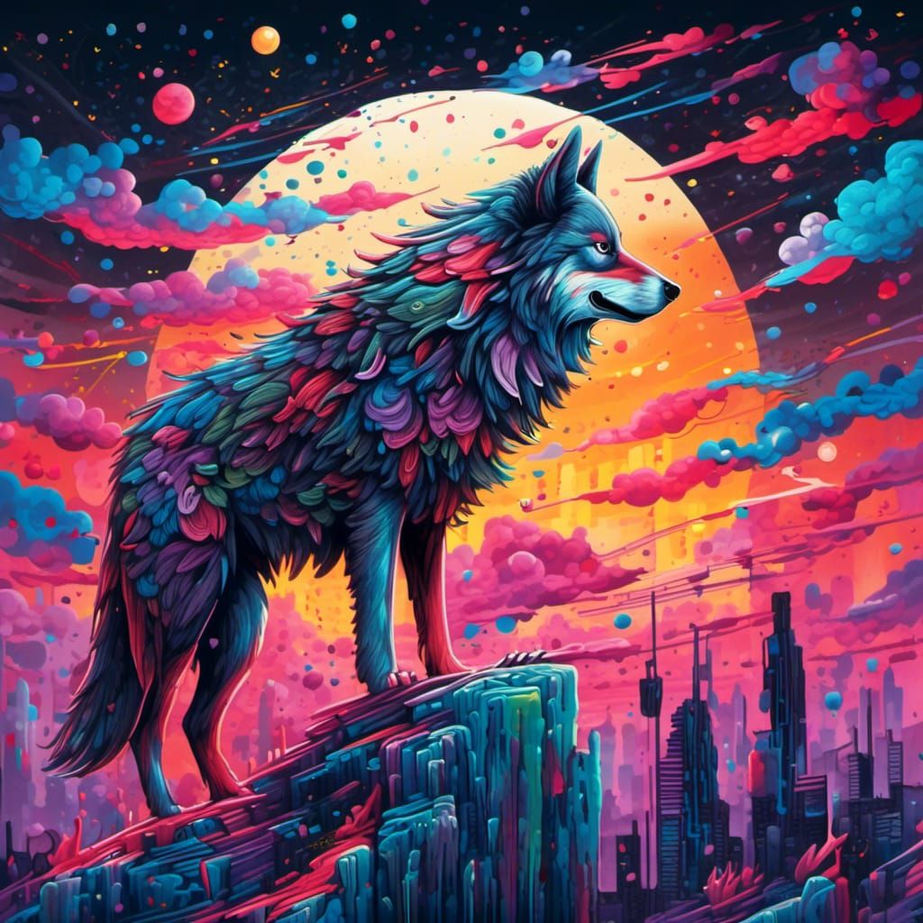 Lone Wolf Howling at Moon, Graffiti Art