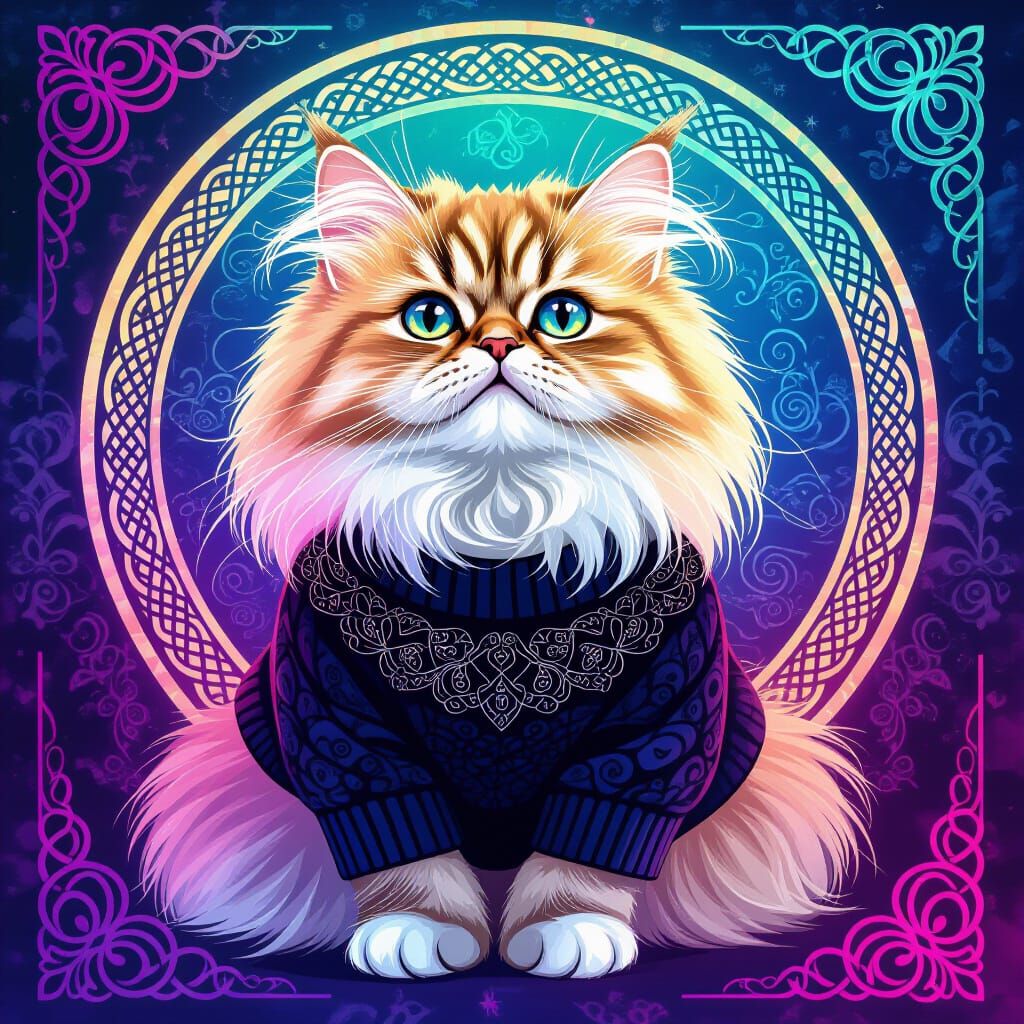 Synthwave Persian Cat in Watercolor Celtic Style