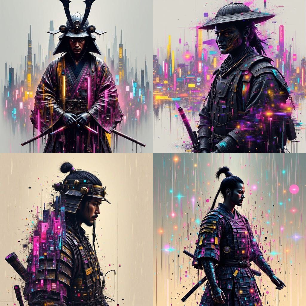 Samurai Double Exposure with Glitch Art and Tokyo Cityscape