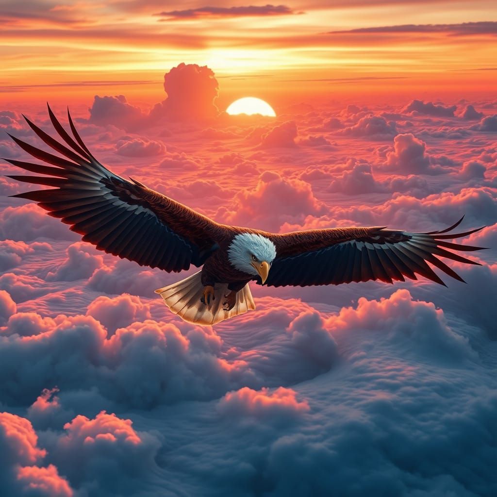 Majestic Eagle Soars in Sunrise with Vibrant Red White Blue...
