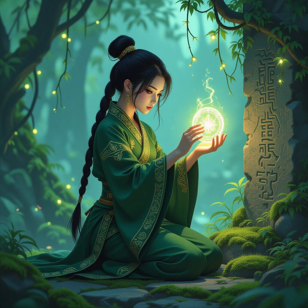 Warrior Touches Glowing Rune in Bioluminescent Forest