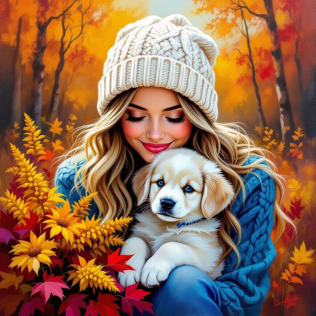 A vibrant impasto painting captures a young woman in her twenties, with long, flowing blonde hair partially hidden by a ...