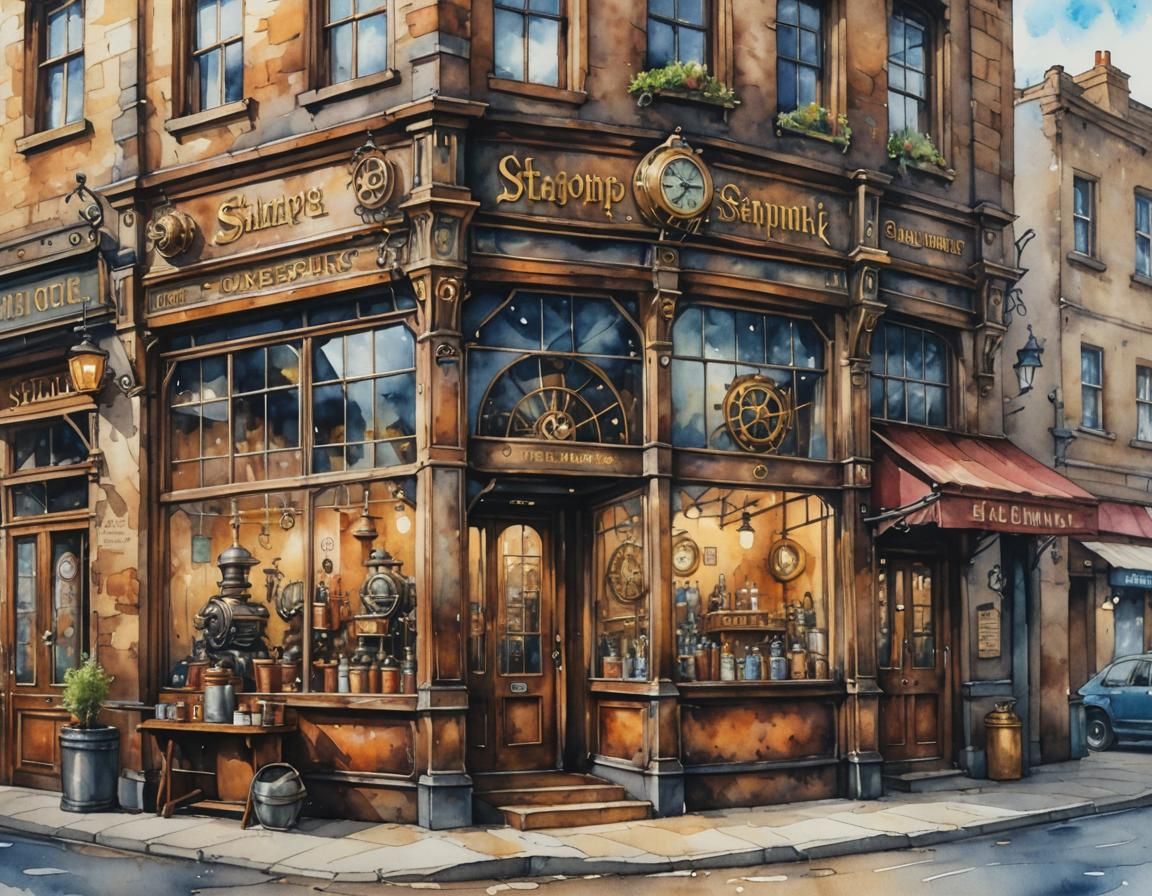 Steampunk Shop Exterior in Watercolor