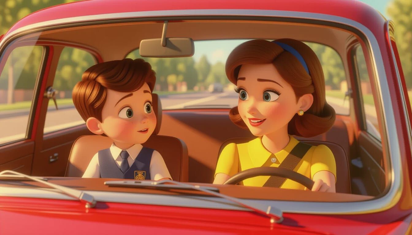 Boy in School Uniform Rides in Red Car Driven by Mother