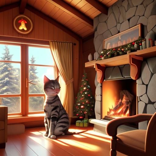 Cozy Cabin Scene with Cat and Christmas Tree