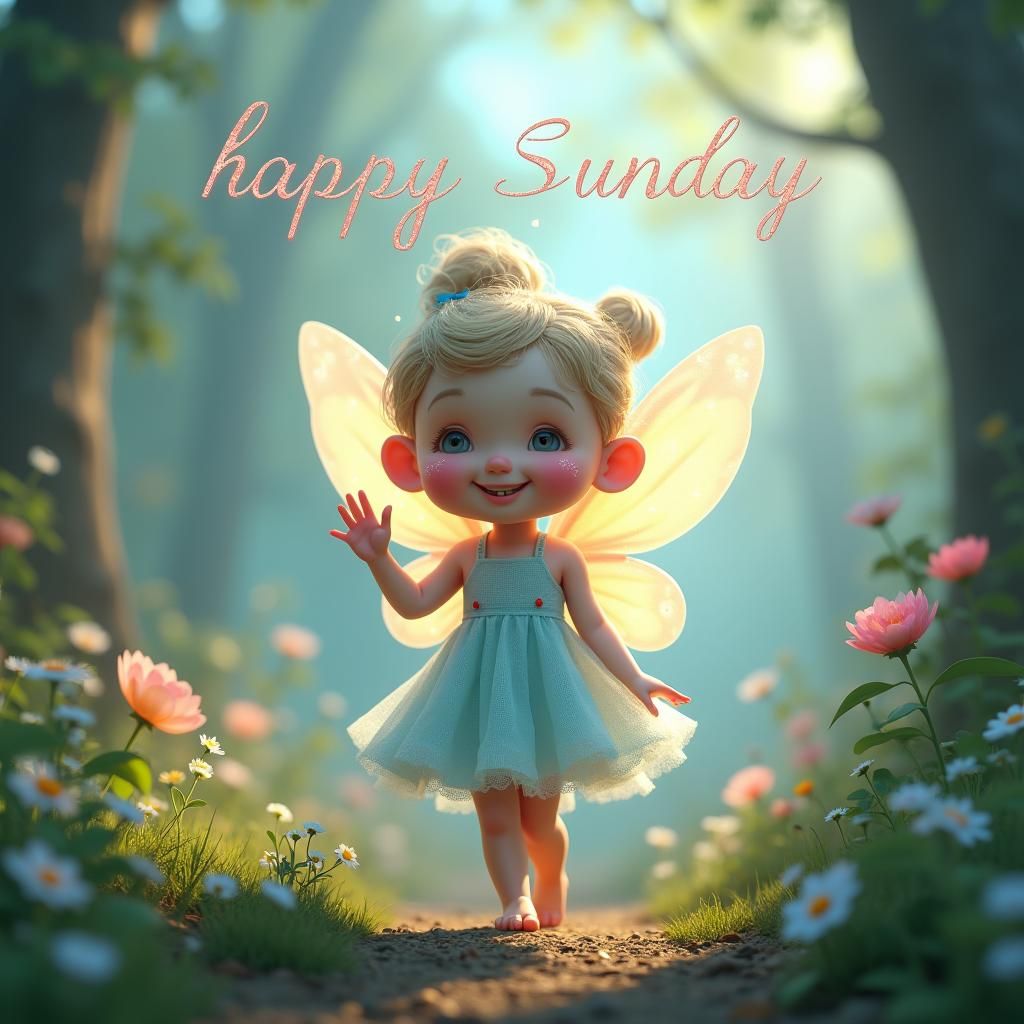 Super cute Little fairy, waving, „happy Sunday“