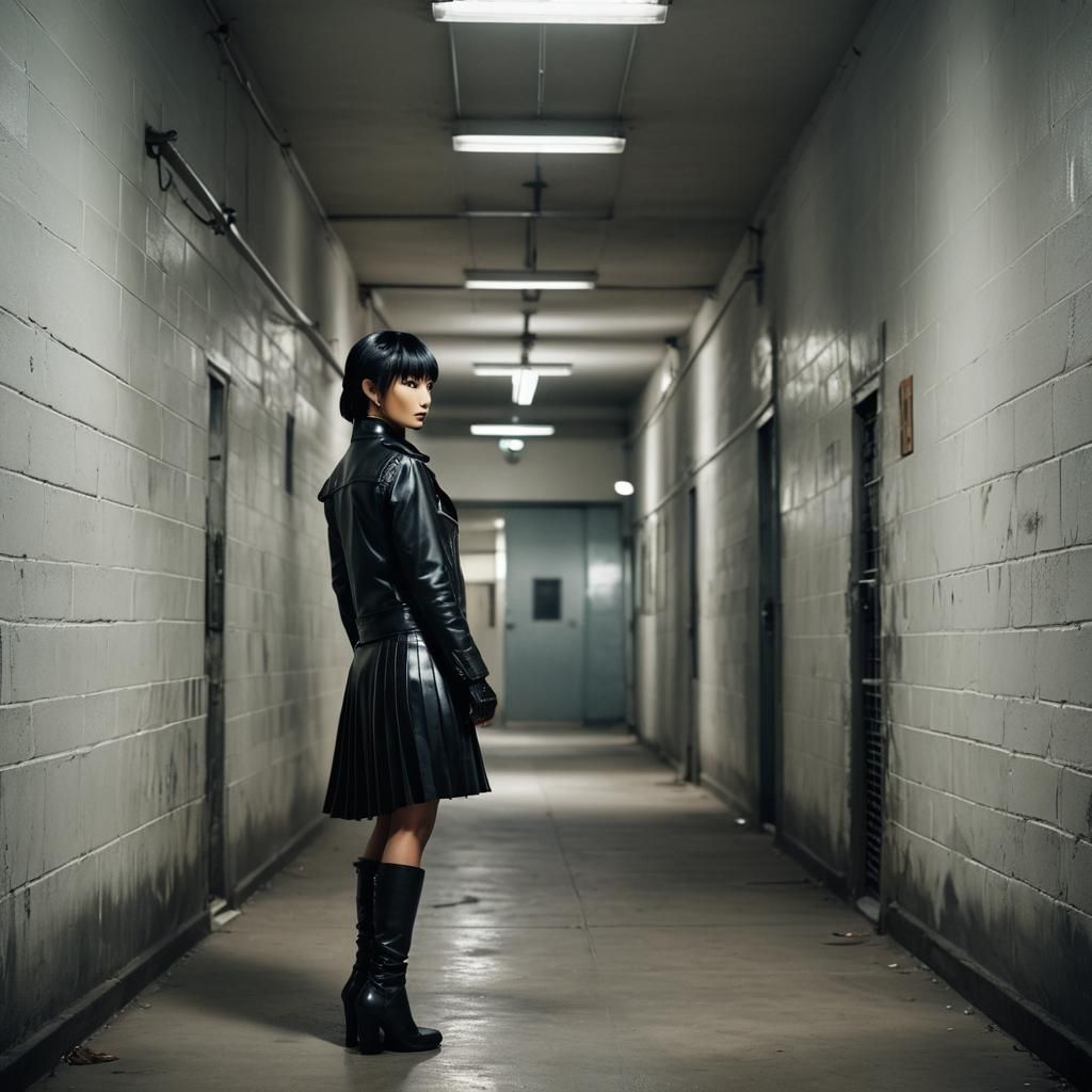 Strict Woman in Leather Outfit in Prison Corridor