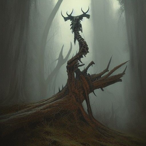 Sinister Horned Skeleton Below Dead Tree