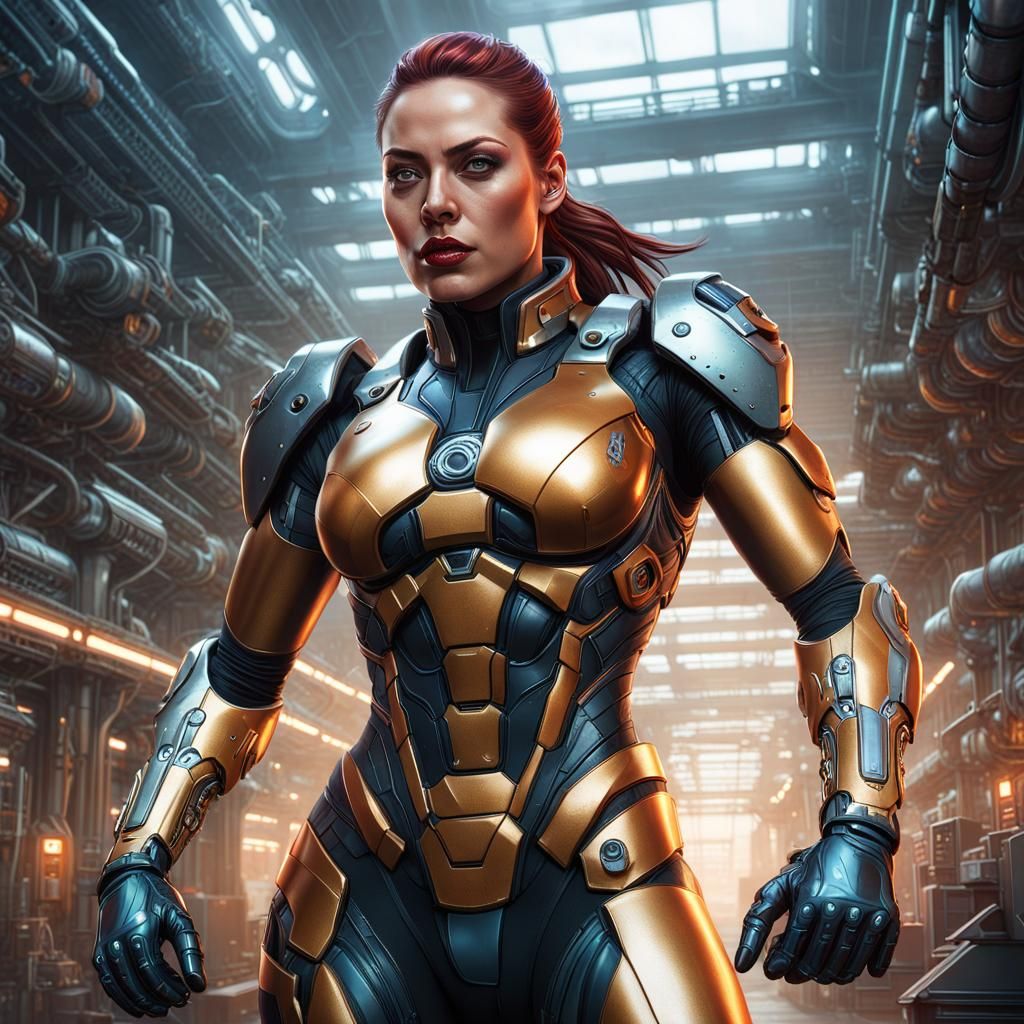 Powerful Cyborg Woman in Sci-Fi Factory