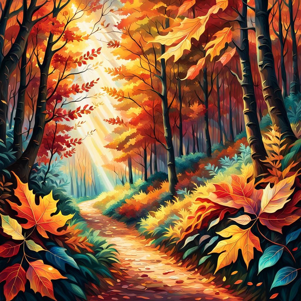 Autumn Forest Path Illustration in Cosmic Style