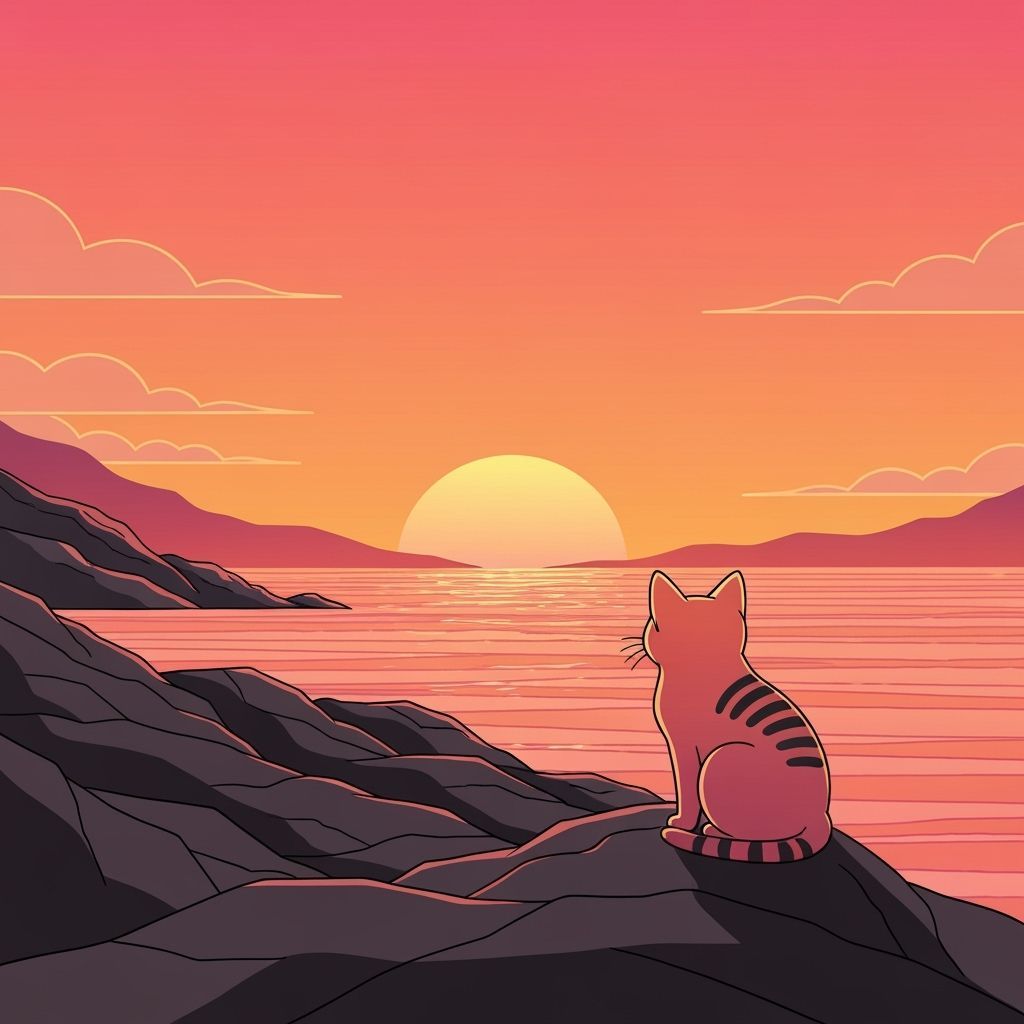 Sunset Kitten on Coastline in Doodle Style