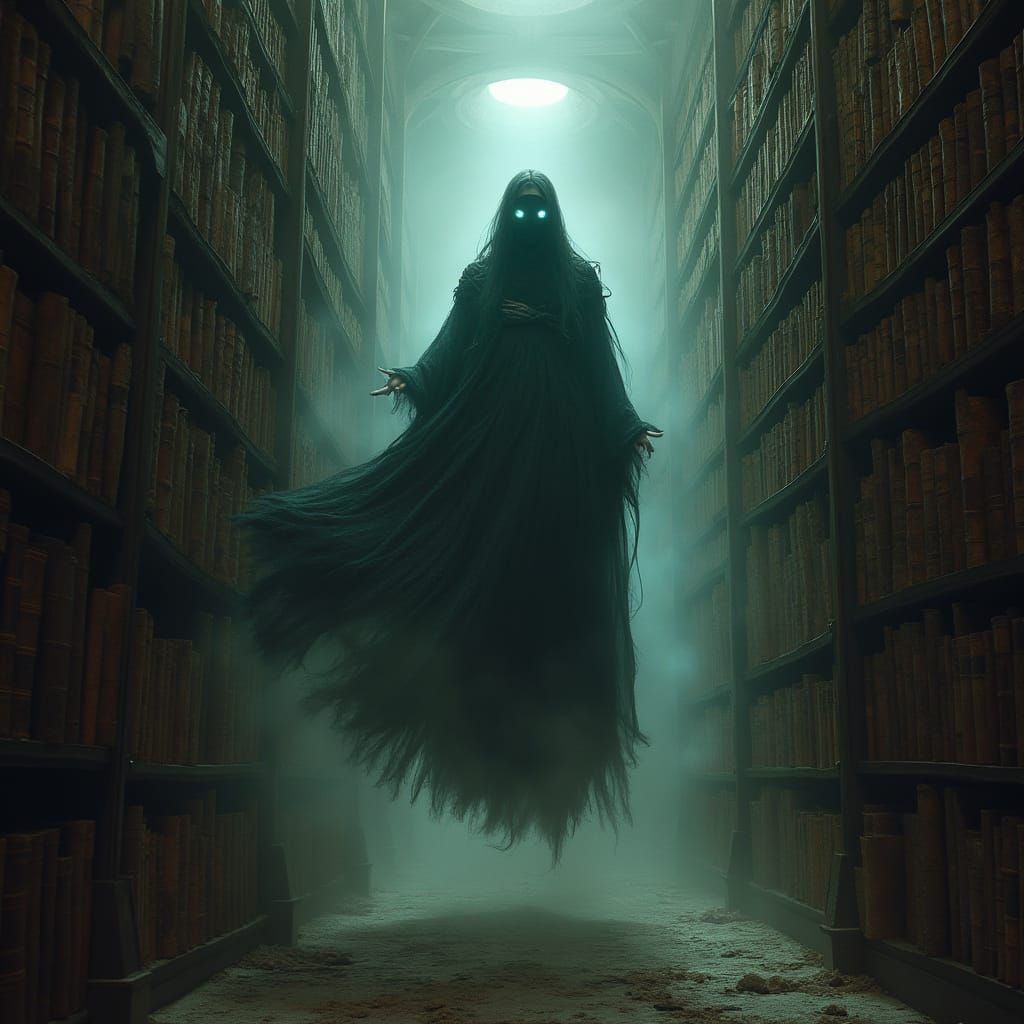 Haunted Library: Spectral Librarian in Horror Art Style