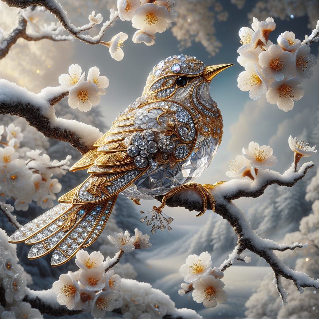 Crystal Bird with Gold Etchings and Diamonds