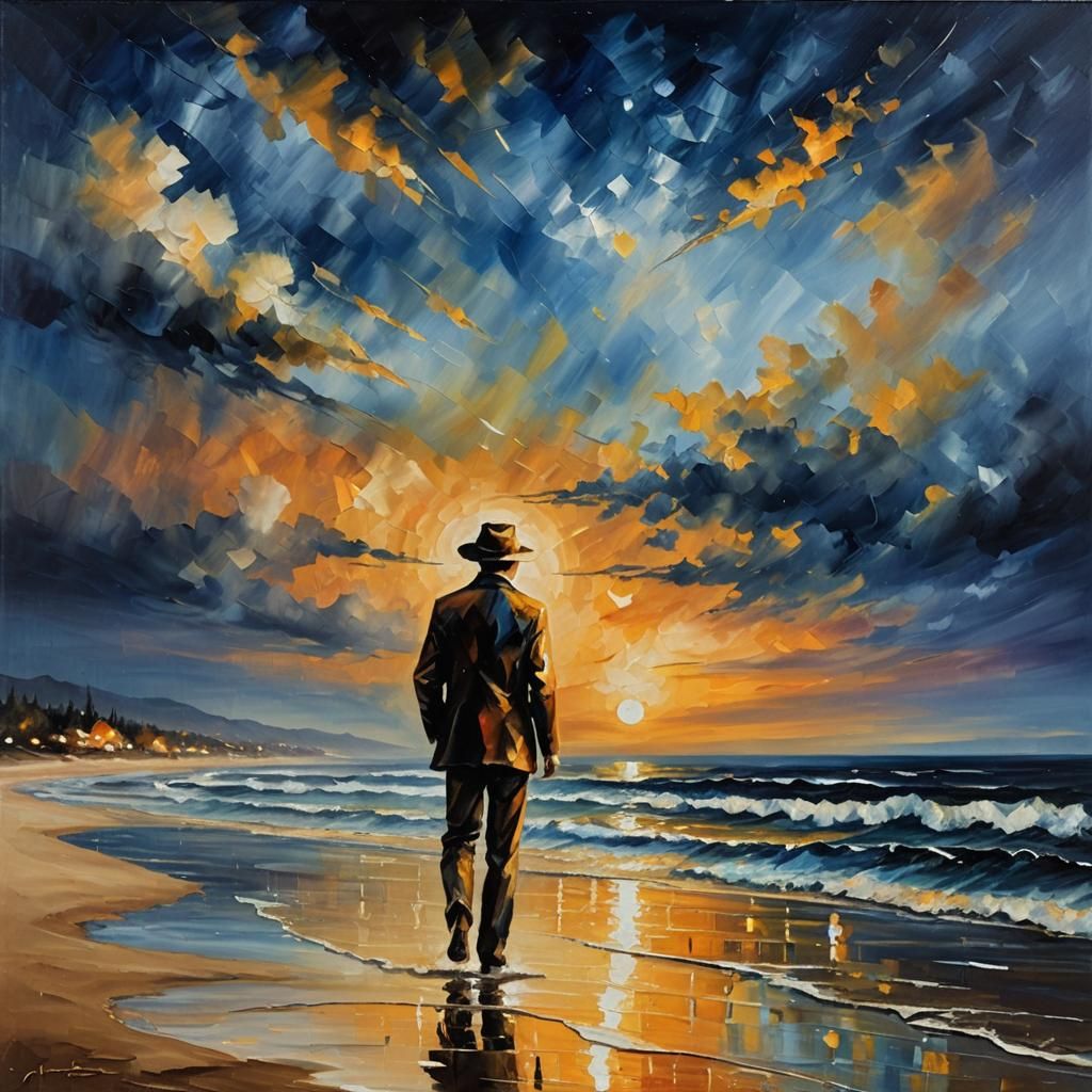 Moonlit Beach Walk in Impressionist Style