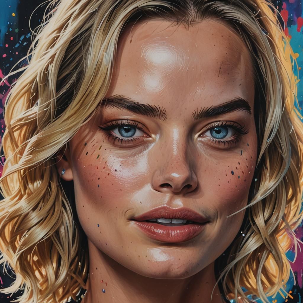 Hyperrealistic Portrait of Margot Robbie in Splash Art Style