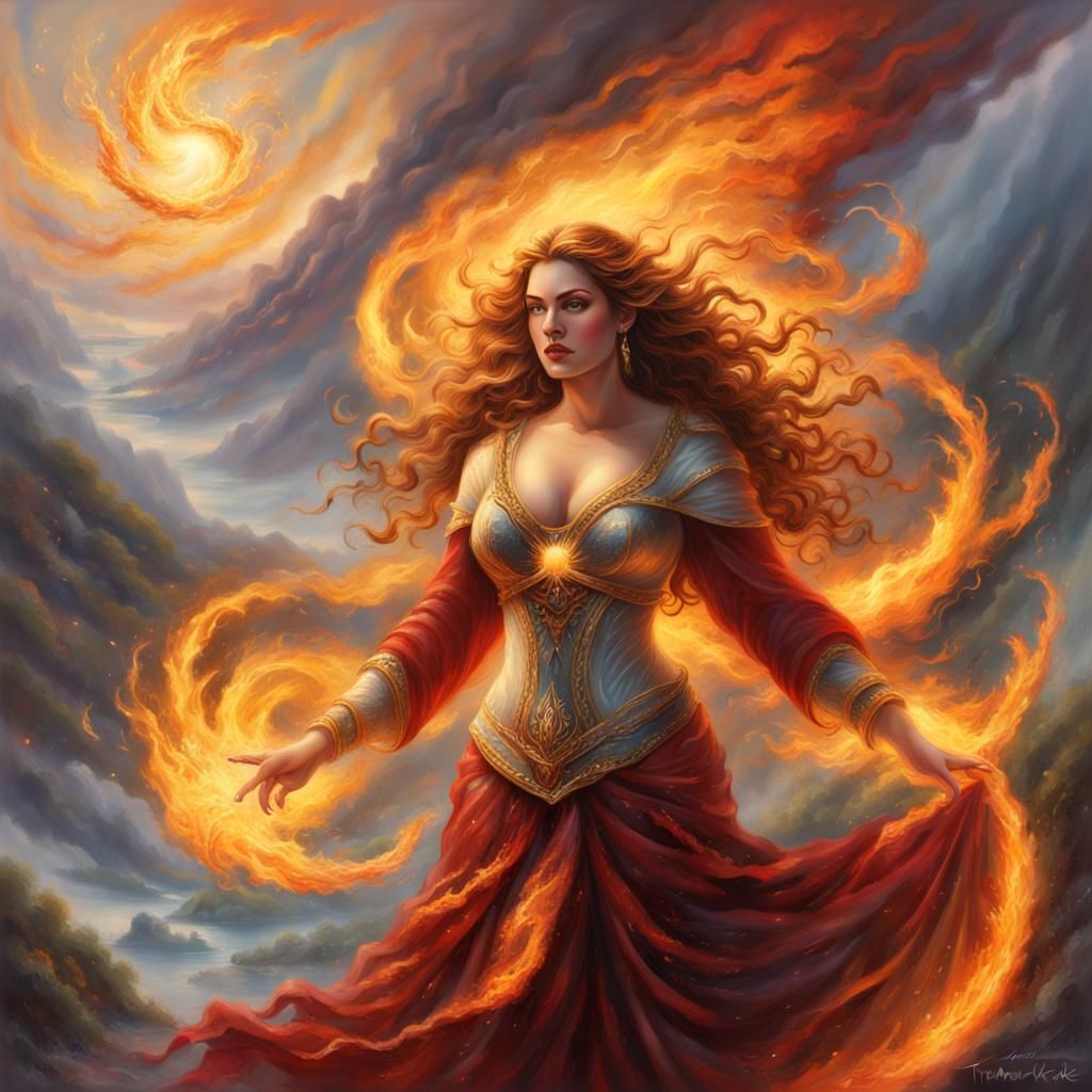 Realistic Fire Goddess Overlooking the World