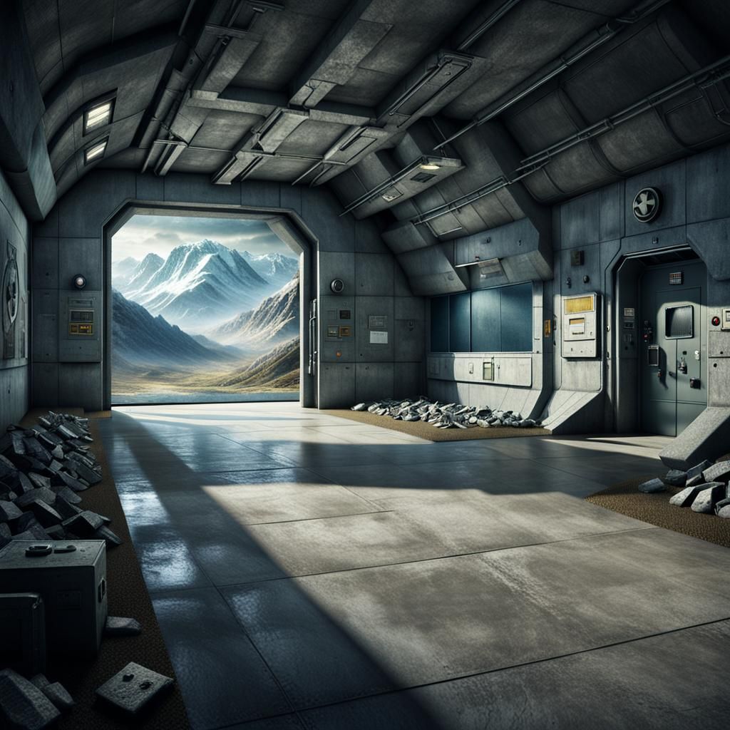 Grand entrance hall of a secret nuclear bunker.