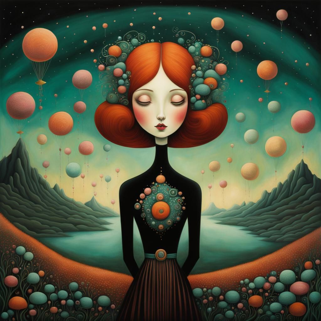 Create a surreal portrait that mixes the dreamlike softness of Tara McPherson with the narrative depth of Andy Kehoe. Sh...