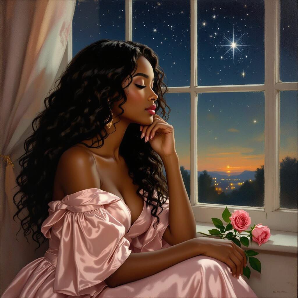 African-American Woman Gazes at Starry Night in Painterly St...