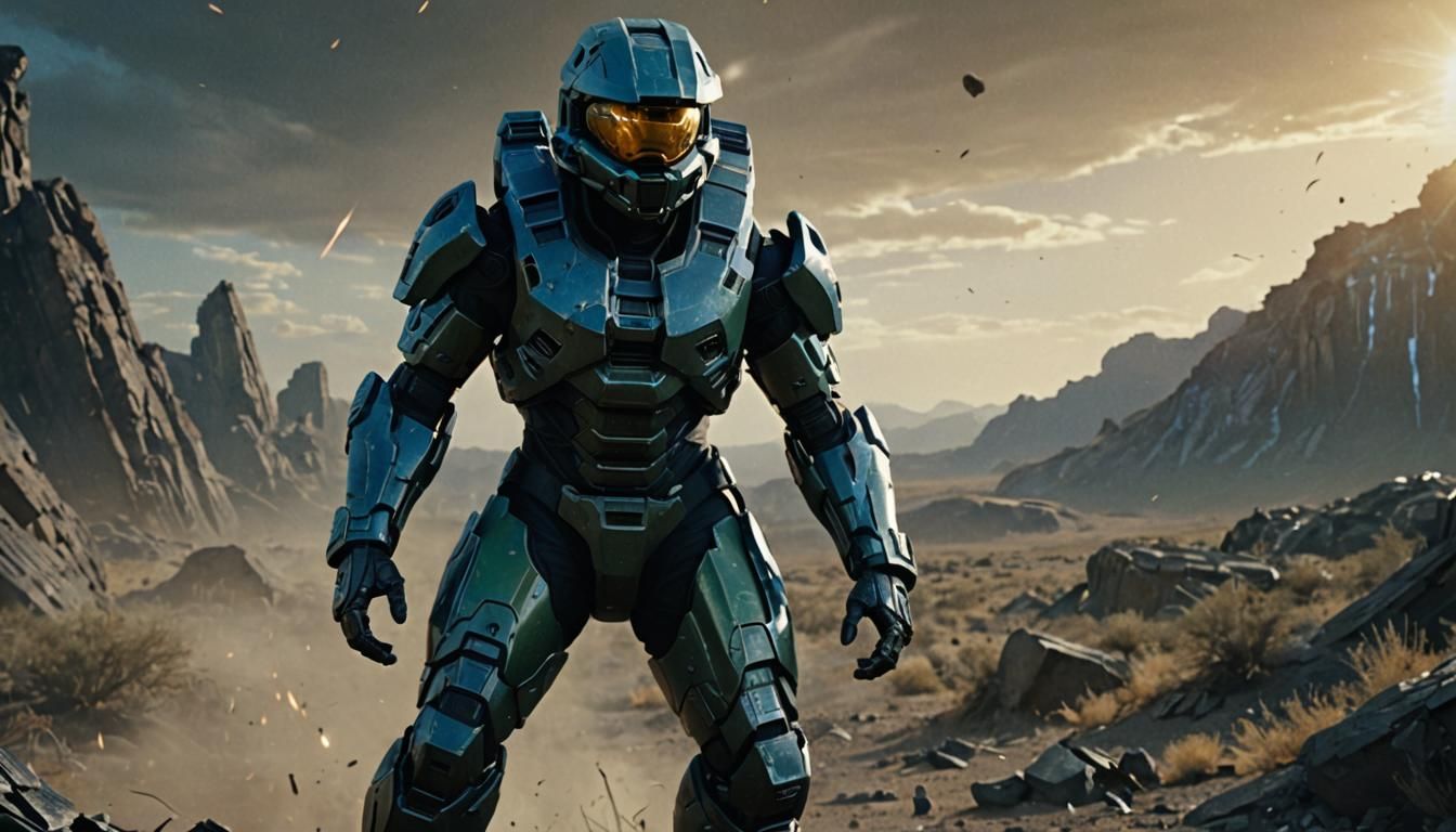 Broken Halo Armor in War-Torn Landscape