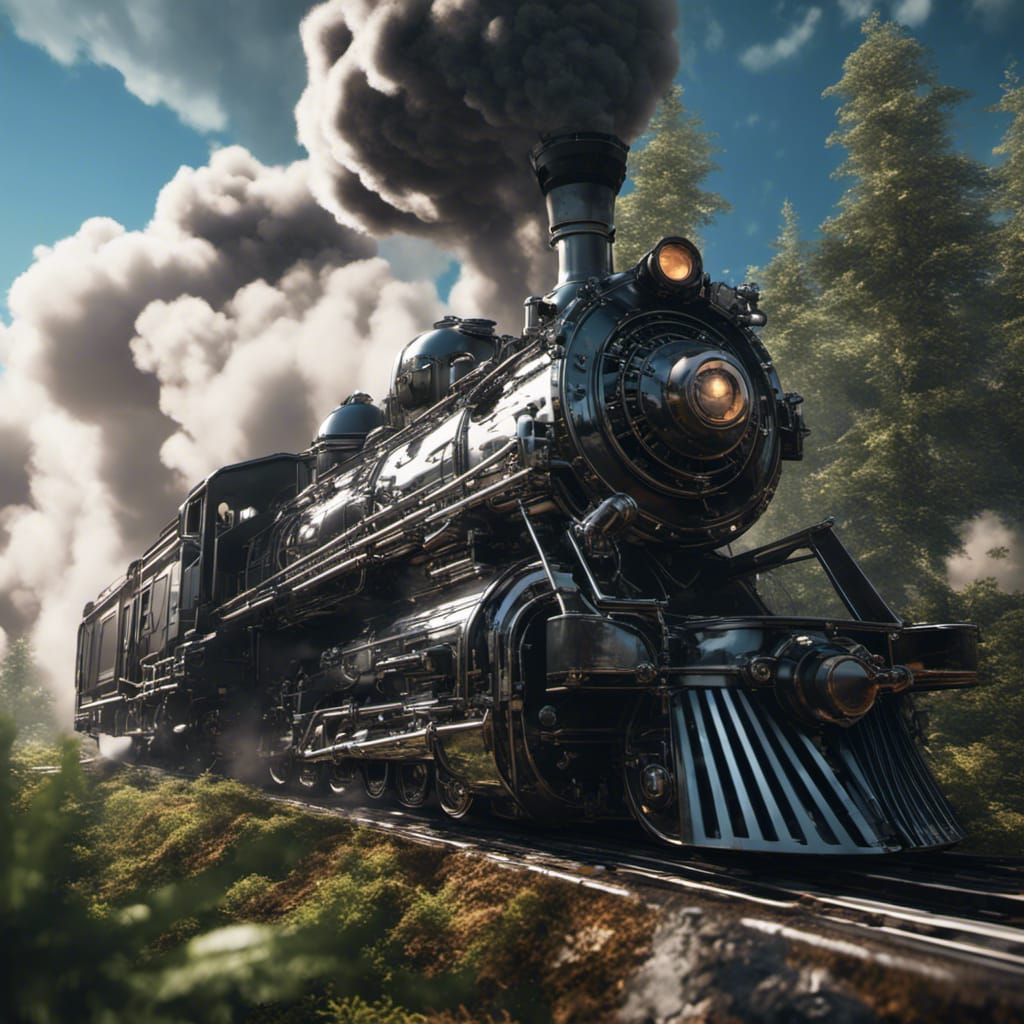 Futuristic Steam Train Emerging from Lush Forest