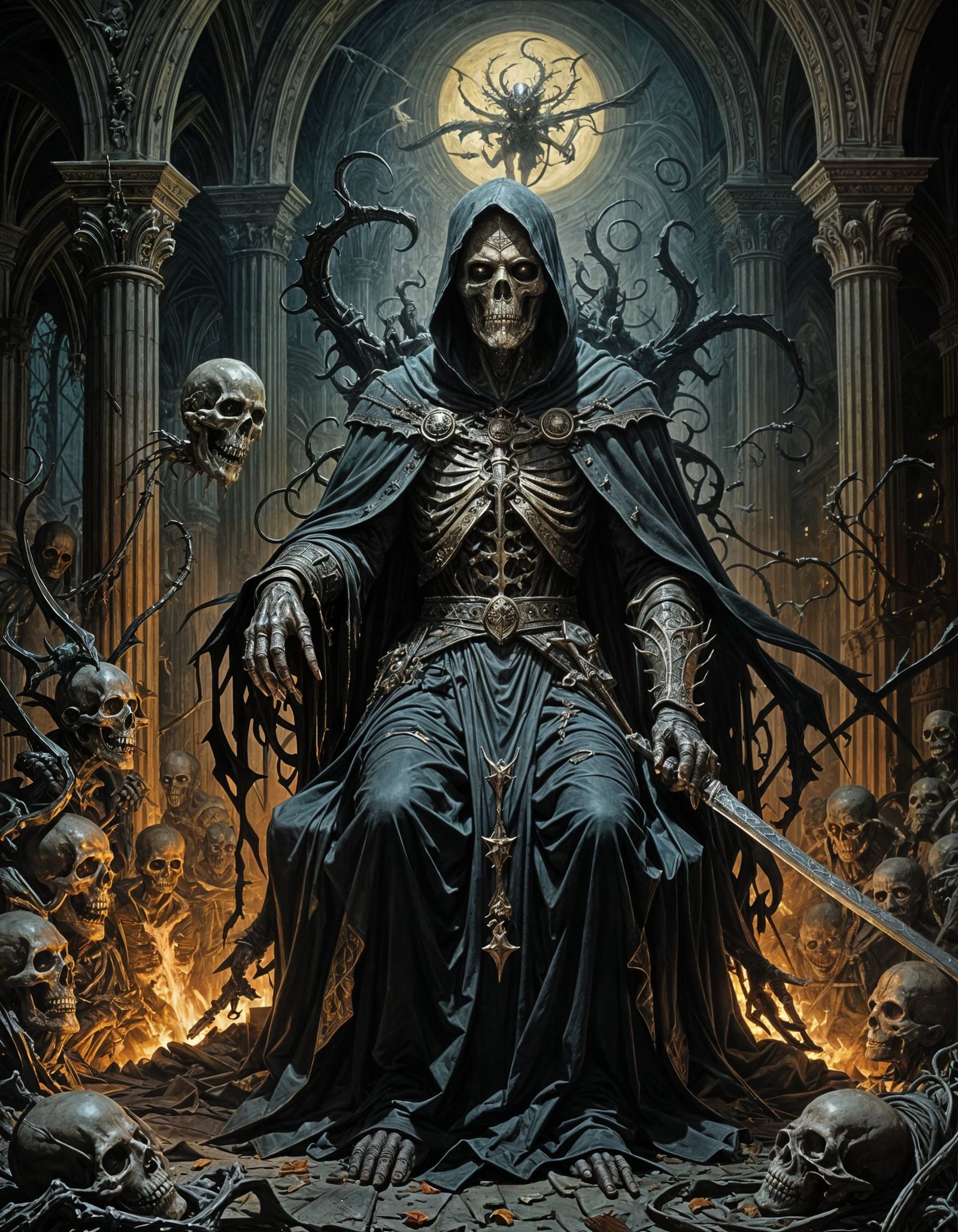 Dark Fantasy Death Throne in Eerie, Foggy Cathedral