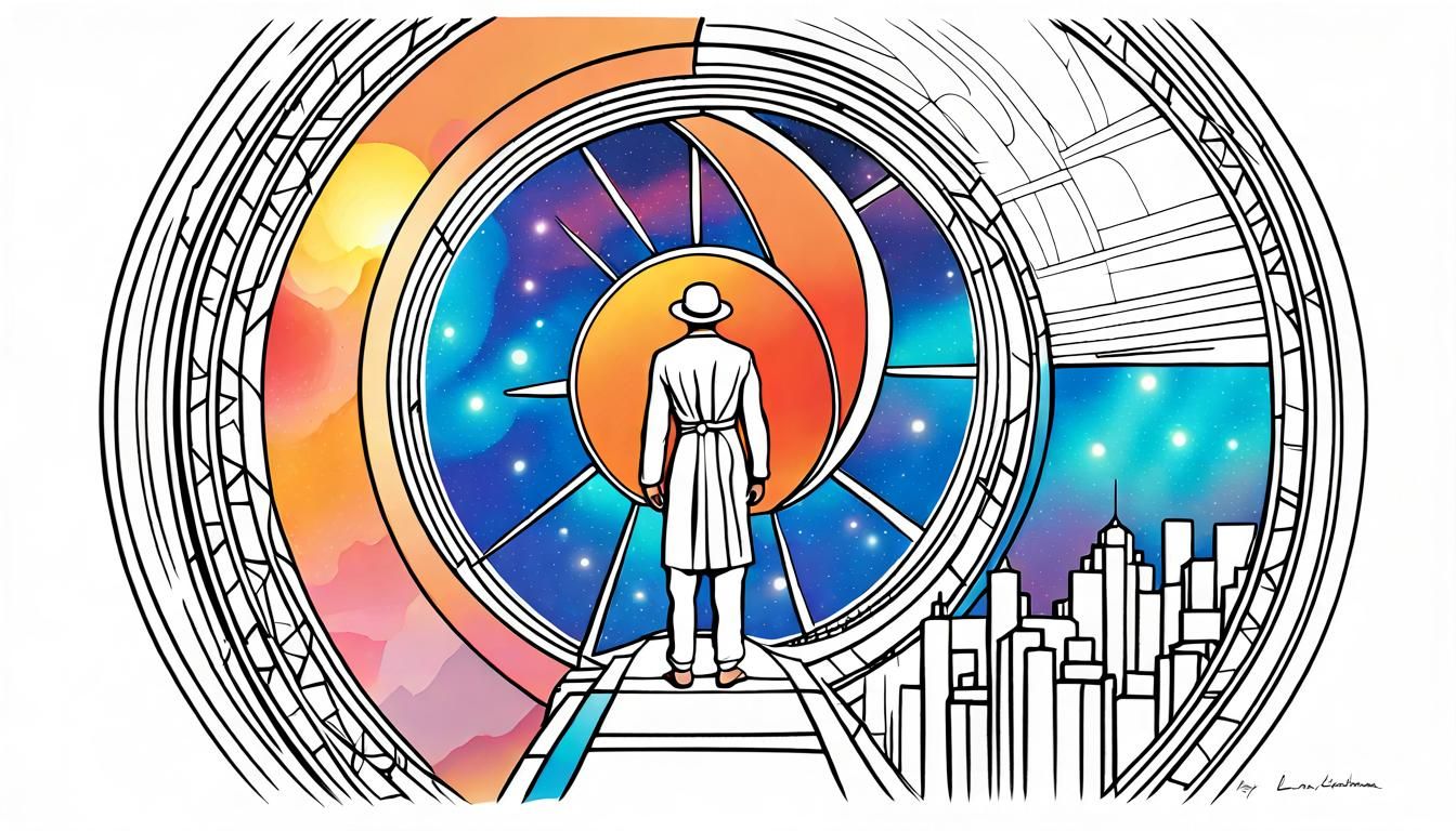 TIME PORTAL circular design, outline of a man standing in a star gate portal, outline of a future city in the portal, LI...