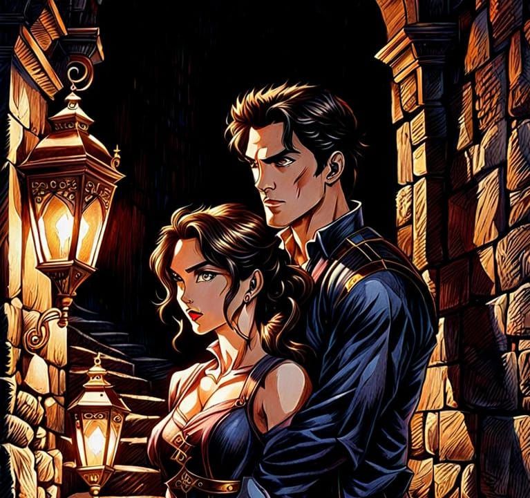 Woman Ascending Gothic Stairs: Pen and Ink Drawing