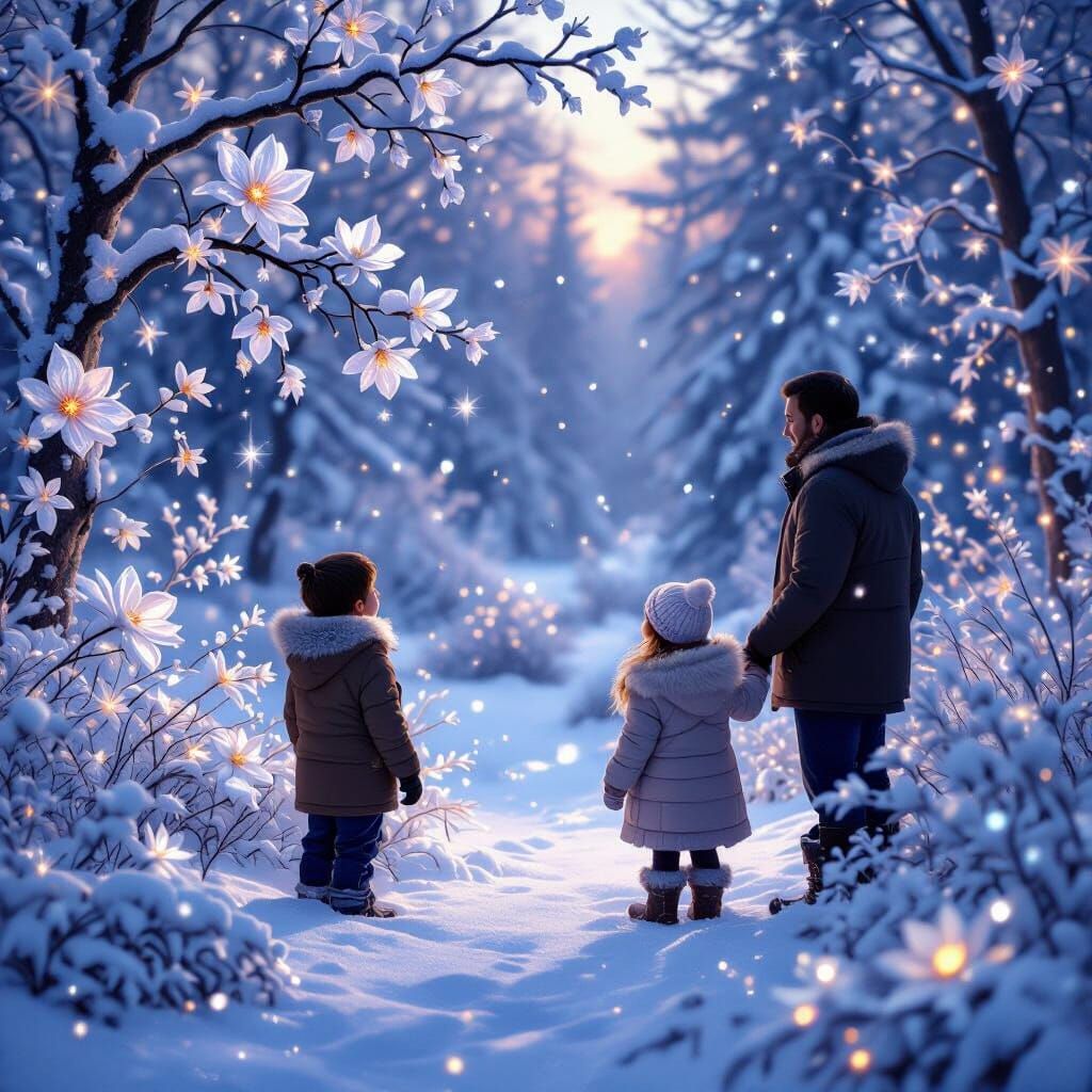 Enchanting Winter Forest with Blooming Ice Flowers
