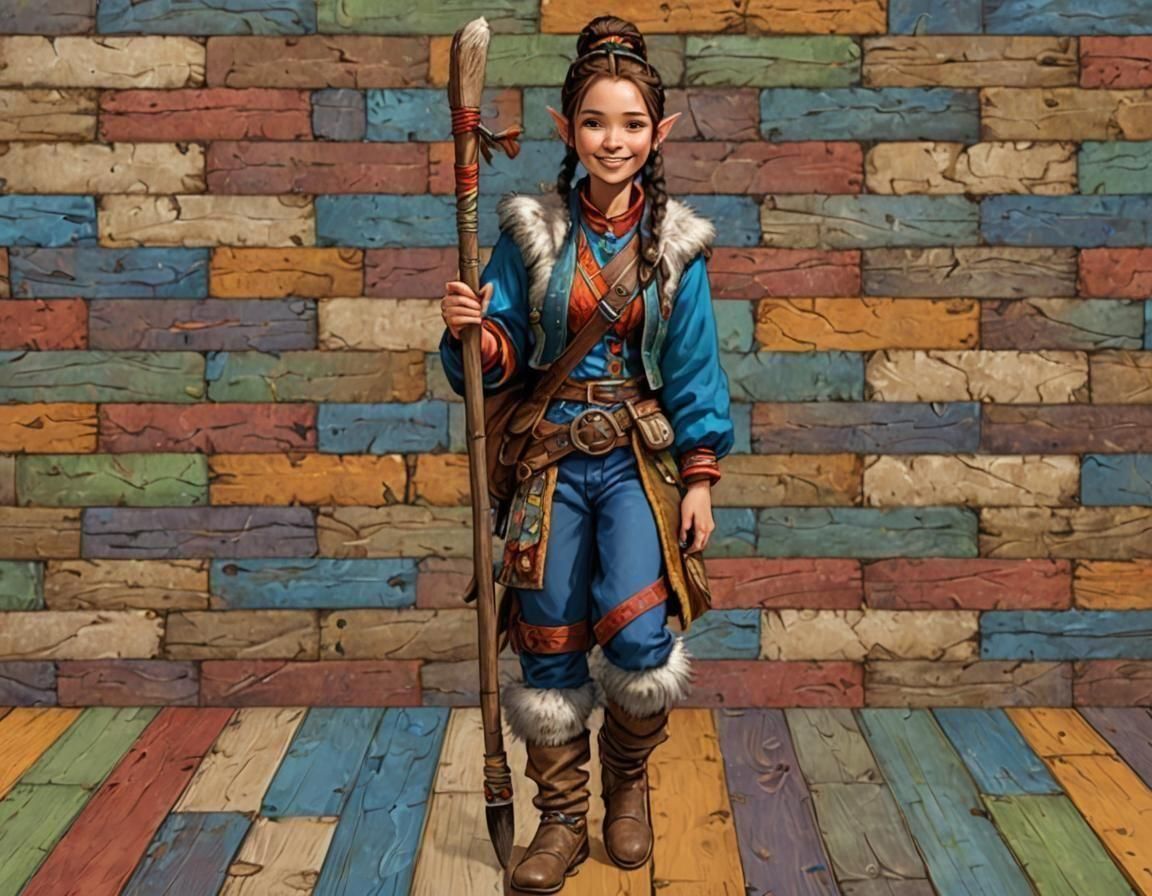 Happy Kender Girl with Hoopak in Fantasy Illustration