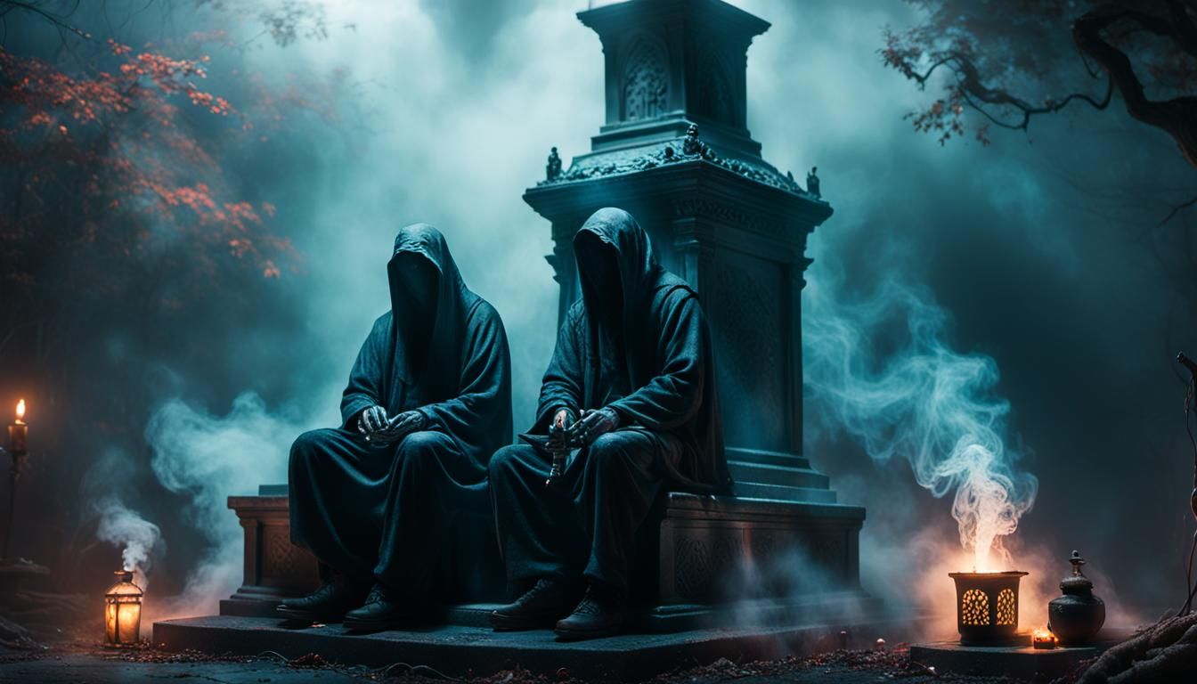Ghosts Smoking Hookah on Tomb, Hyperrealistic Splash Art
