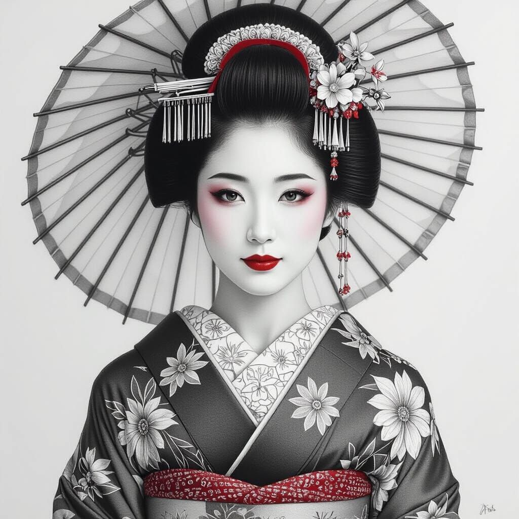 Hyperdetailed Pencil Drawing of a Geisha