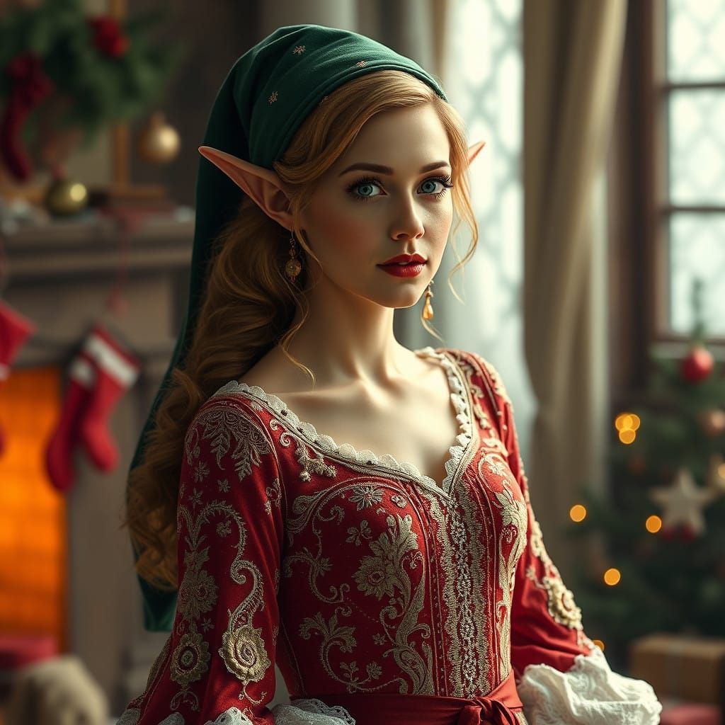 Hyperrealistic Actress as a Christmas Elf in Intricate Dress