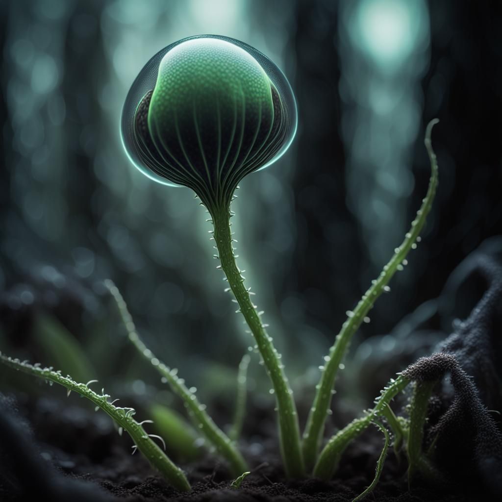 Alien Seed Sprout in Misty Forest: Hyperrealistic Macro