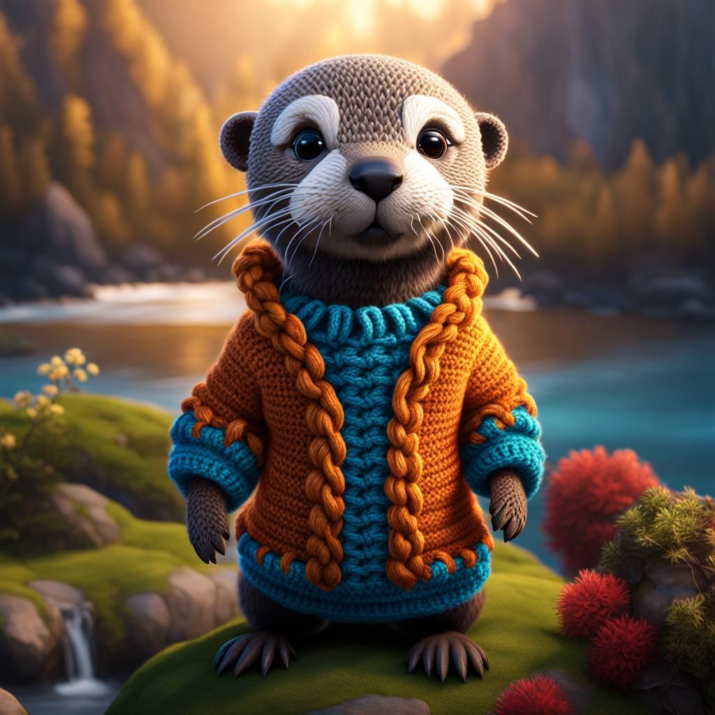 Crochet Otter in Sweater: Detailed Digital Painting