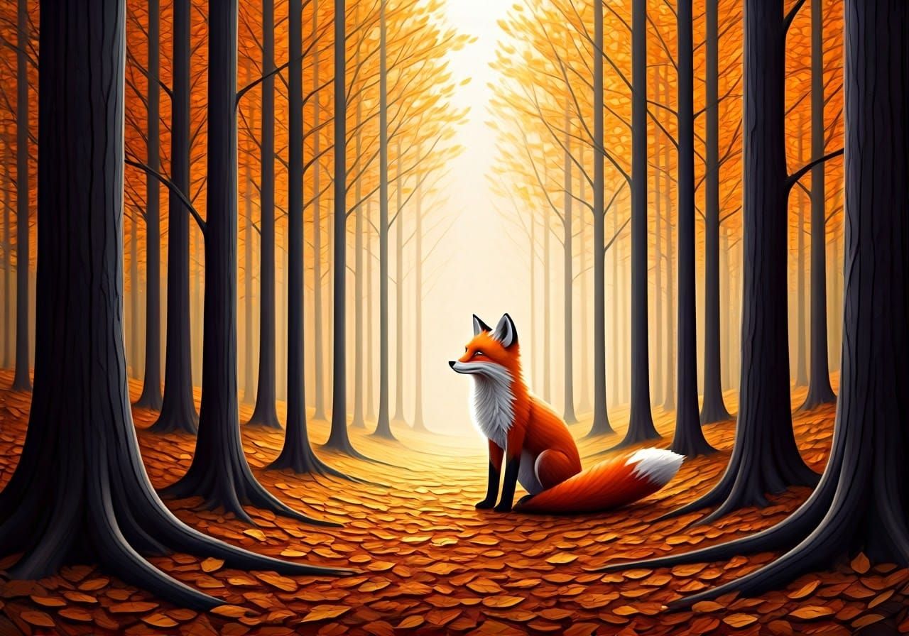 Embossed Fox Playing in Autumn Forest, Cubist Style