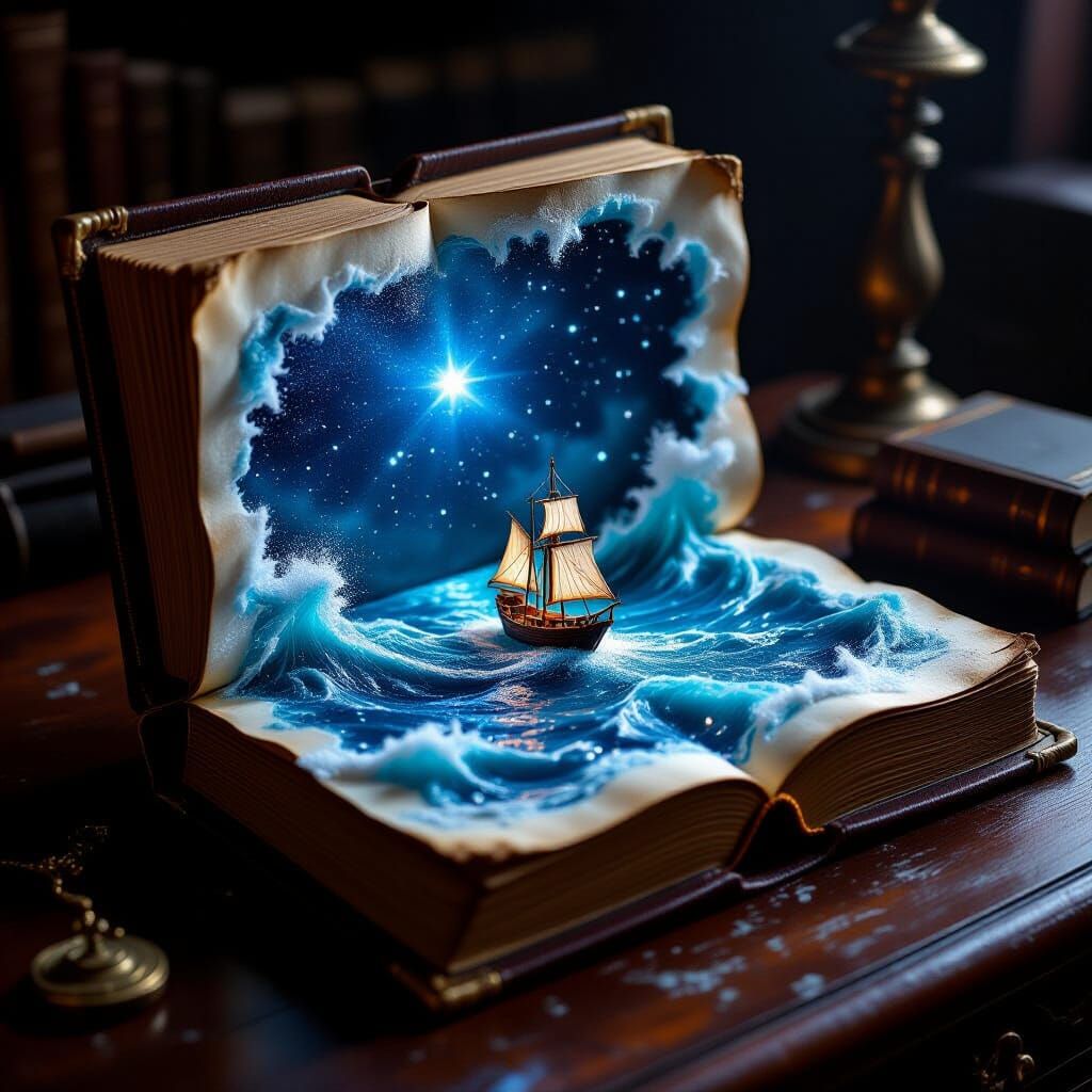 Starlit Ocean Diorama in Leather Book