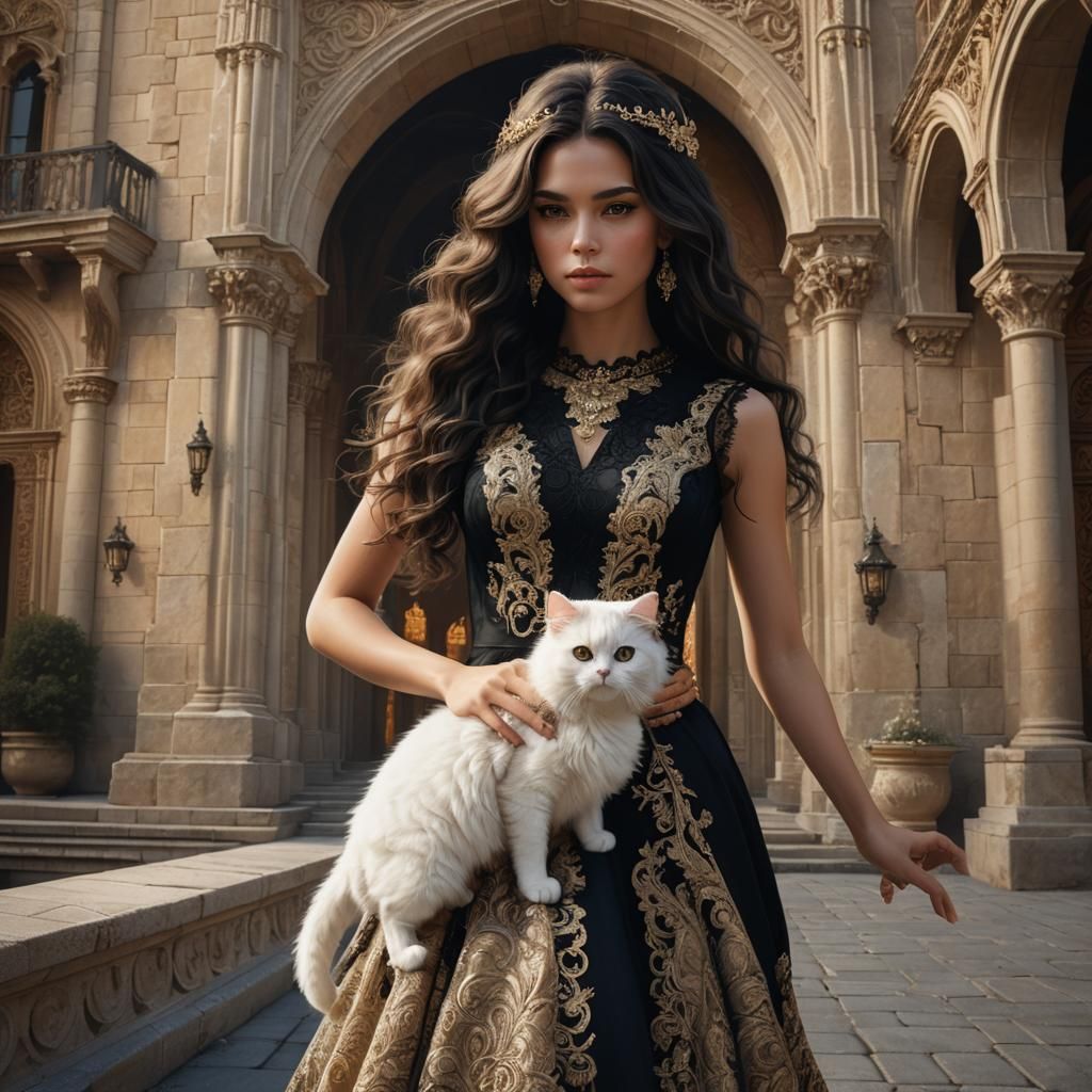 Beautiful Woman in Castle with Cat: Digital Fantasy Art
