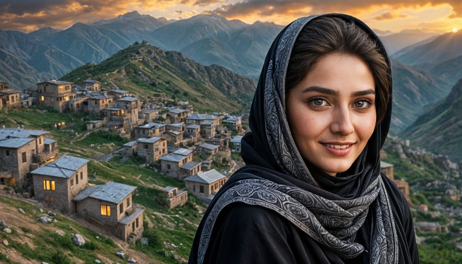 Beautiful Pashto Girl in Dramatic Mountain Sunset