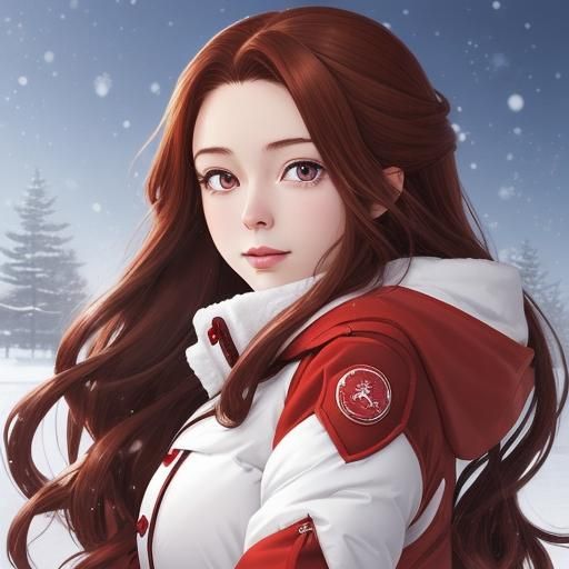 Anime Woman in Red Coat in Winter Snow