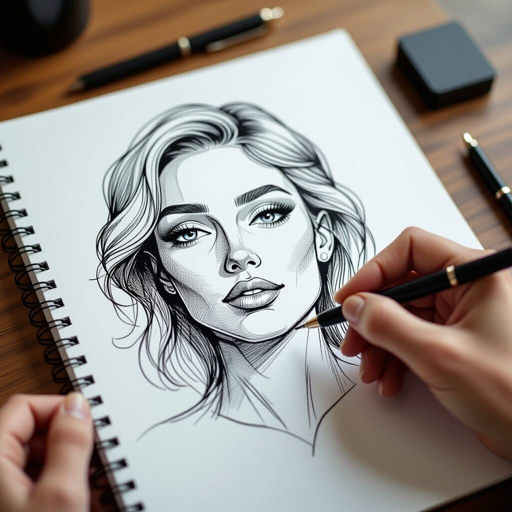 Detailed Ink Sketch of a Face on Notebook Page