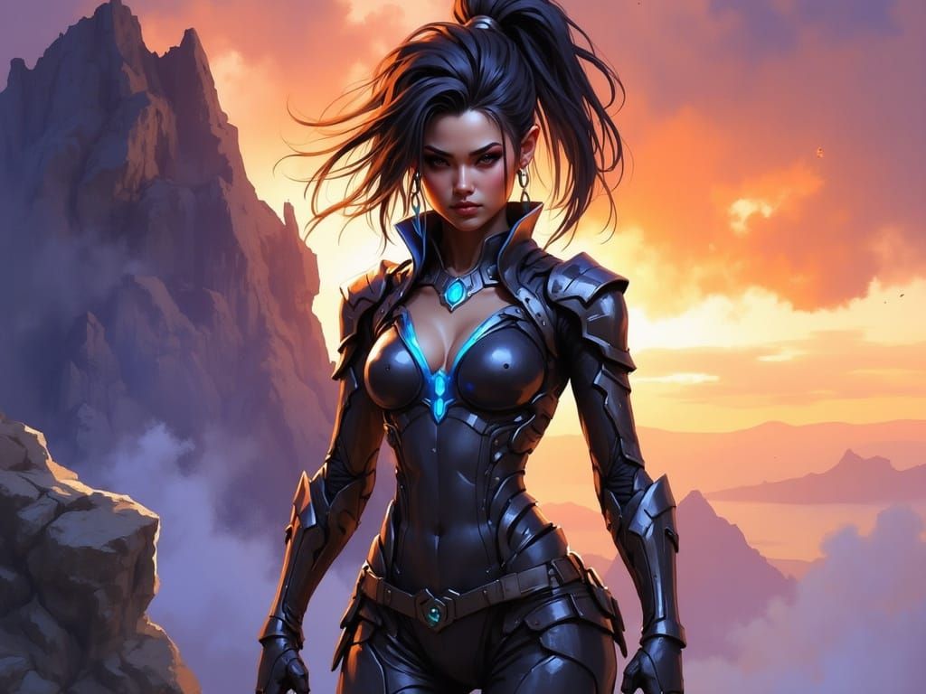 Futuristic Woman on Windswept Peak, Digital Art