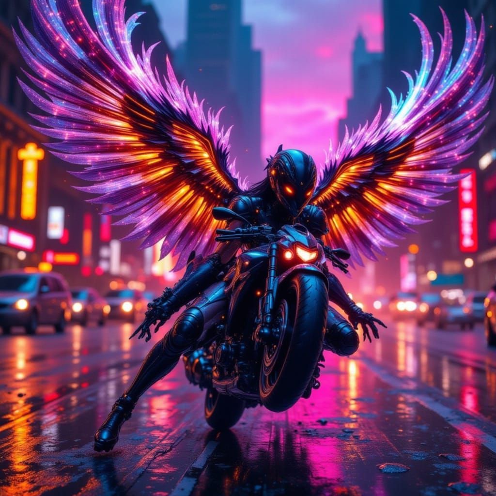 Cyber Angel on Neon Motorcycle at Sunset