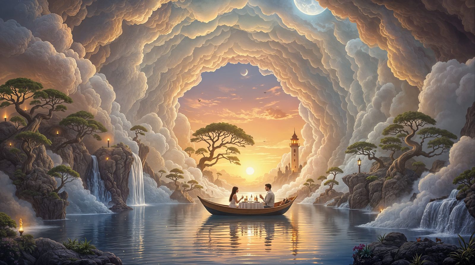 Surreal Dreamscape with Couple Dining Under Mystical Archway