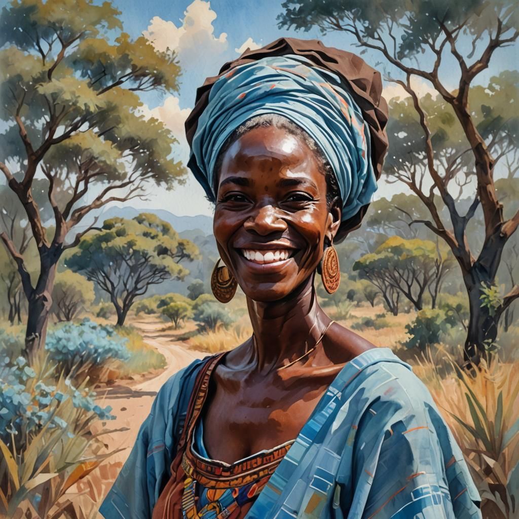 Smiling African Woman Portrait in Gouache Watercolor Style