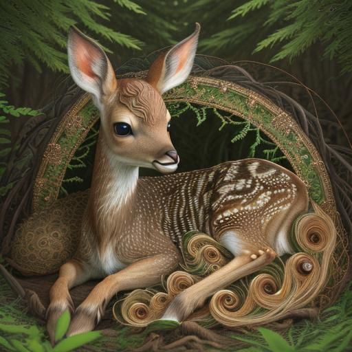Detailed Fawn in Woods with Abstract Shading