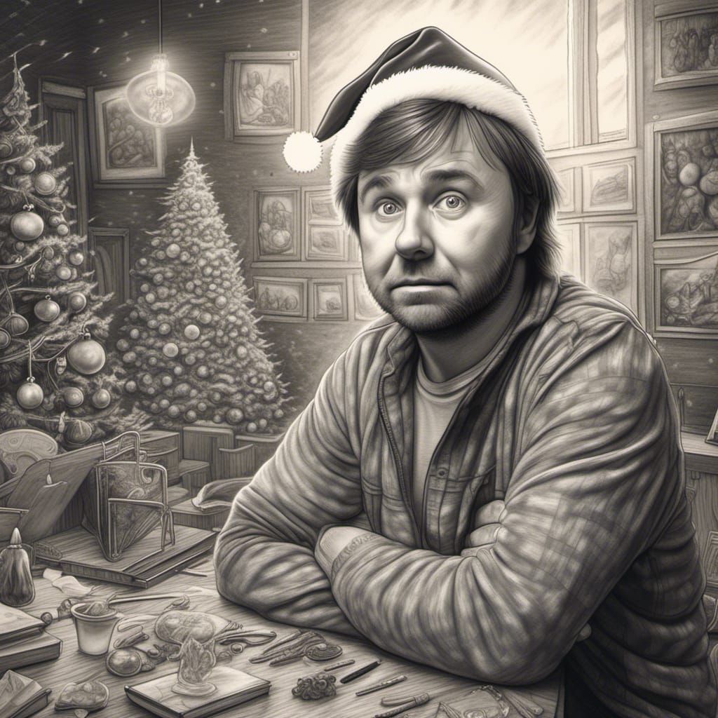 John Ritter Nervous in Burning Santa Hat Charcoal Drawing