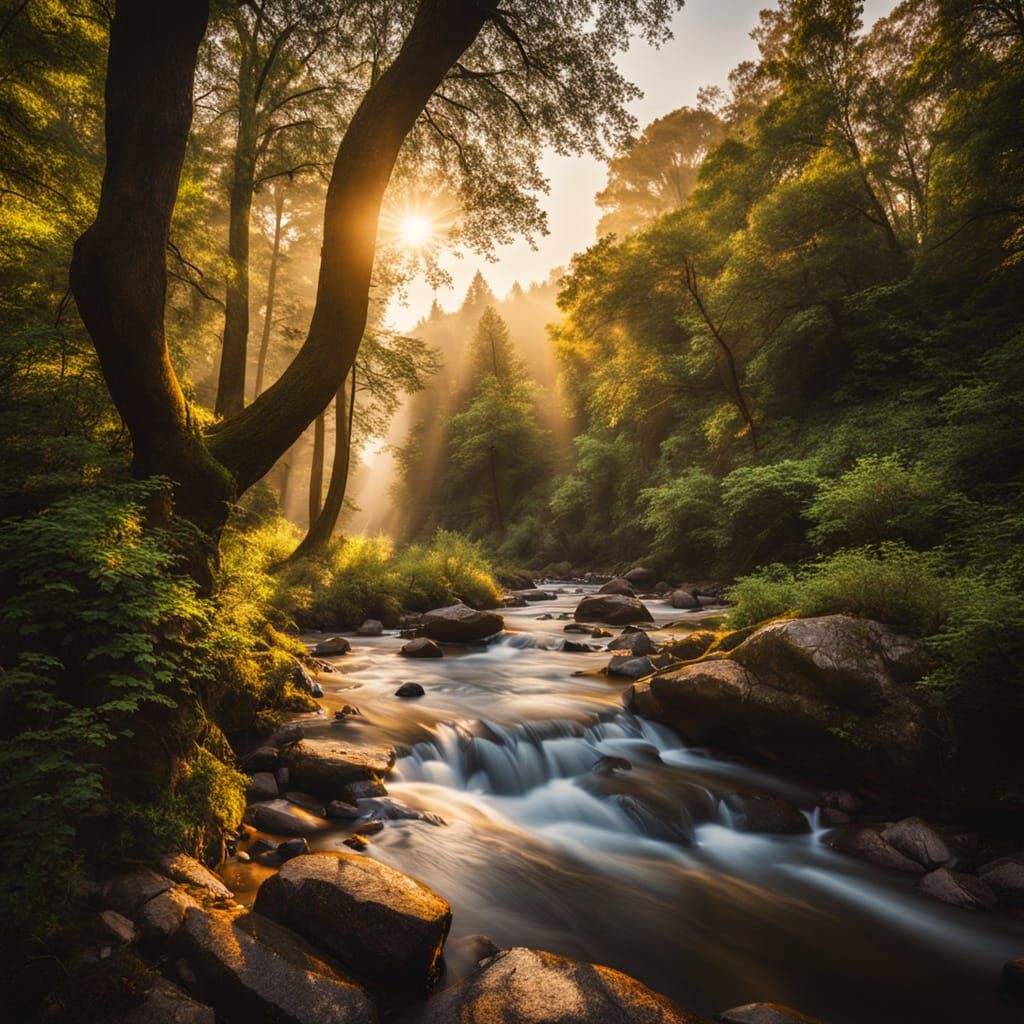 River Flowing Through Forest at Golden Hour