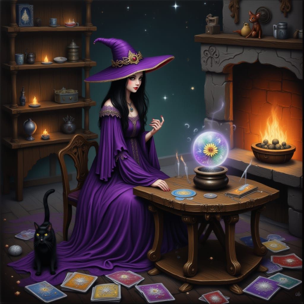 Young Witch Gazes Into Crystal Ball with Tarot Cards