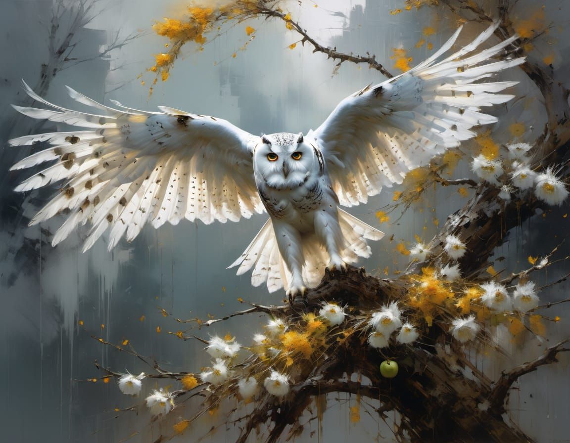 Fluffy Owl Spreads Wings on Apple Tree